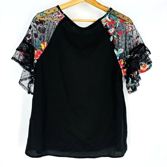 Umgee Black Floral Embroidered Tiered Ruffle Sleeve Boat Neck Top Blouse Size S - Picture 5 of 8